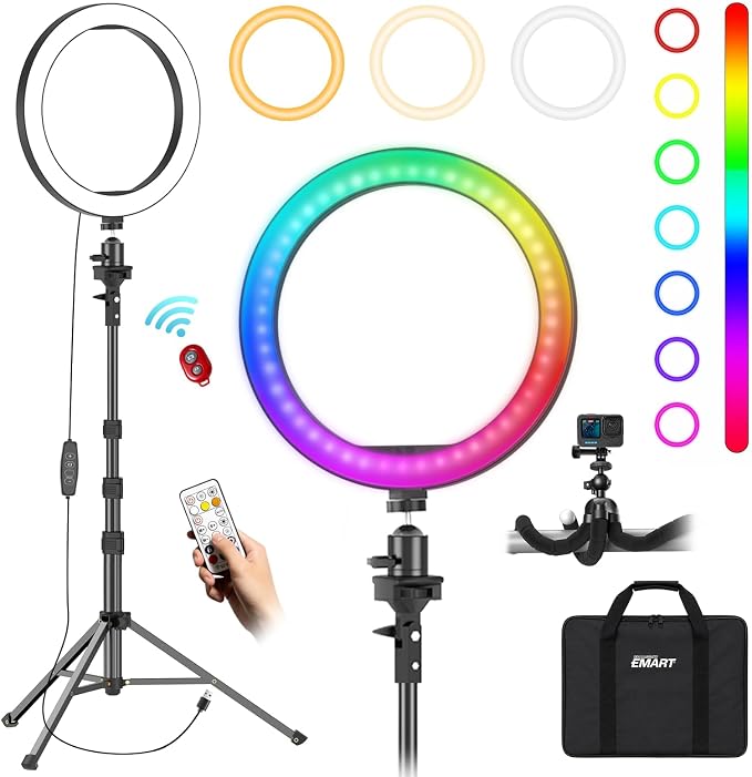 EMART 10'' Ring Light with 51'' Extendable Tripod Stand & Phone Holder | 16 RGB Colors 13 Dynamic Modes & 10 Brightness Levels Selfie Ringlight with Bluetooth Remote for Recording, Streaming, Makeup