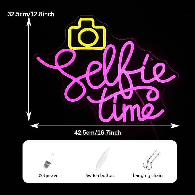 Selfie Time Neon Sign LED Yellow Camera Pink Neon Light For Wall Decor Dimmable USB Powered Light Up Sign for Photographic Studio Bedroom Photography Lover Room Party Gifts (16.7 * 12.8In)