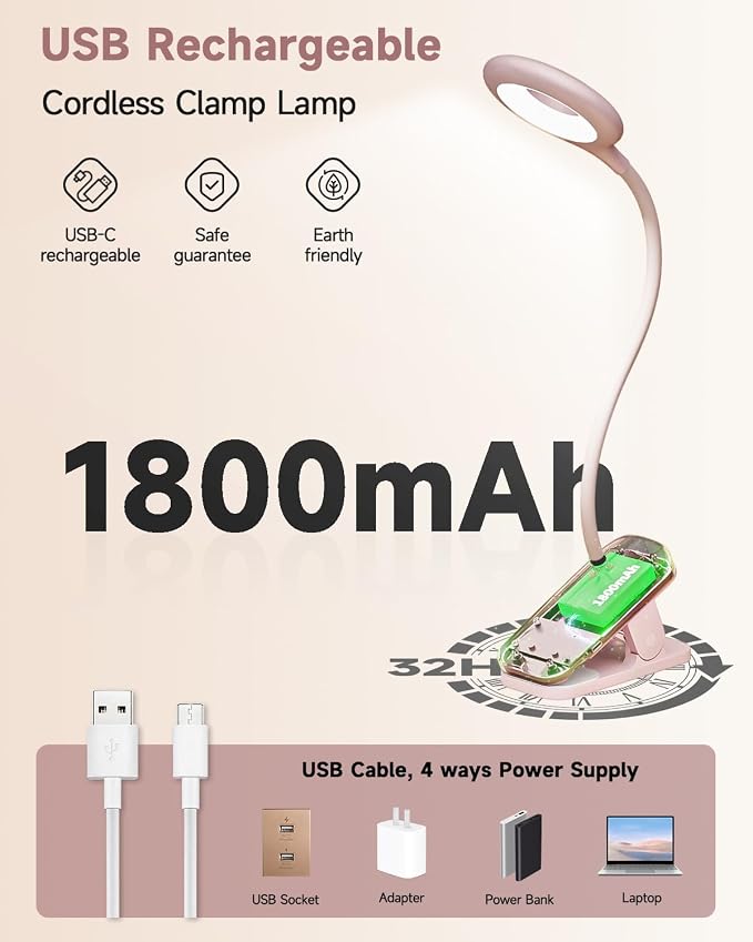 CUHIOY Rechargeable Clip on Reading Light for Bed Headboard, Pink, 1 Pack | Large Clamp Flexible Neck, Battery Desk Lamp, 5 Color 5 Brightness Touch Control, Flicker-Free LED Bedside Night Light