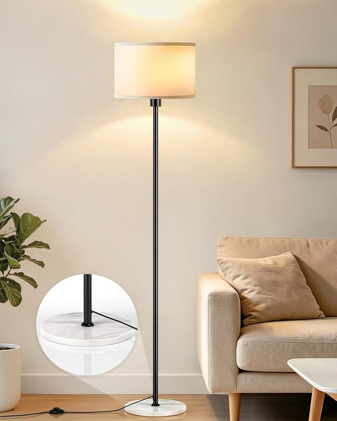 63" Black Floor Lamps for Living Room, Standing Lamp with Marble Base | Tall Pole Light with White Linen Shade, Modern Floor Lamp for Bedroom Reading Office Corner Nursery, Bulb Included