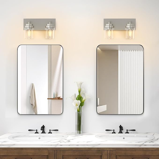 IZORRO Bathroom Vanity Light Fixture, 2-Light 15 Inch Brushed Nickel Bathroom Light Fixtures Over Mirror, with Clear Glass Shade, Modern Farmhouse Vanity Lights, Rustic Restroom Lighting Fixtures