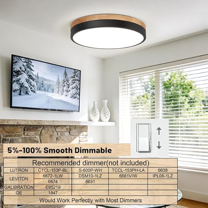 15.8 inch Wood LED Flush Mount Ceiling Light Fixture,42W 4200LM,3000K/3500K/4000K/5000K/6000K CCT Selectable,Close to Ceiling Dimmable Round Flat Panel Light for Bedroom,Hallway,Kitchen,Black
