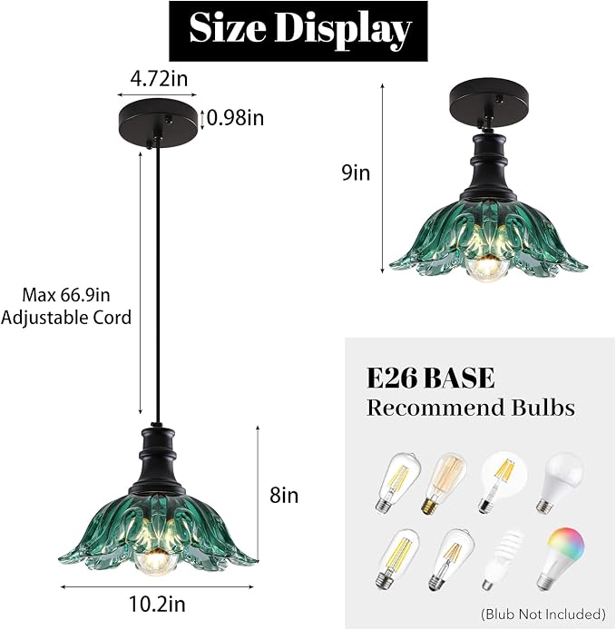 Green Pendant Light, Flower Pendant Lighting with Glass Shade, Vintage Pendant Light Fixture for Kitchen Island, Living Room, Dining Room, Sink, Hallway, Restaurant