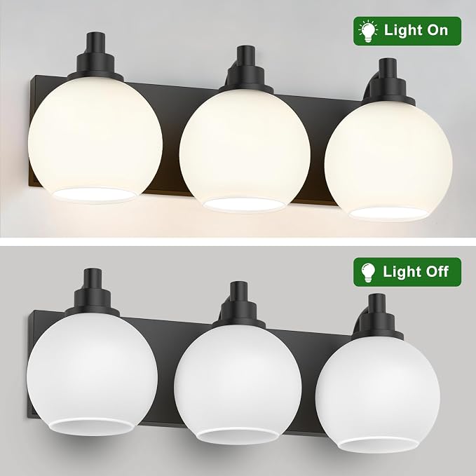 IZORRO Bathroom Light Fixtures, 3-Light Matte Black Vanity Light, Modern Wall Sconces with Globe Milk White Glass Shade, Vanity Lighting Fixtures Over Mirror,E26 Bulb Socket