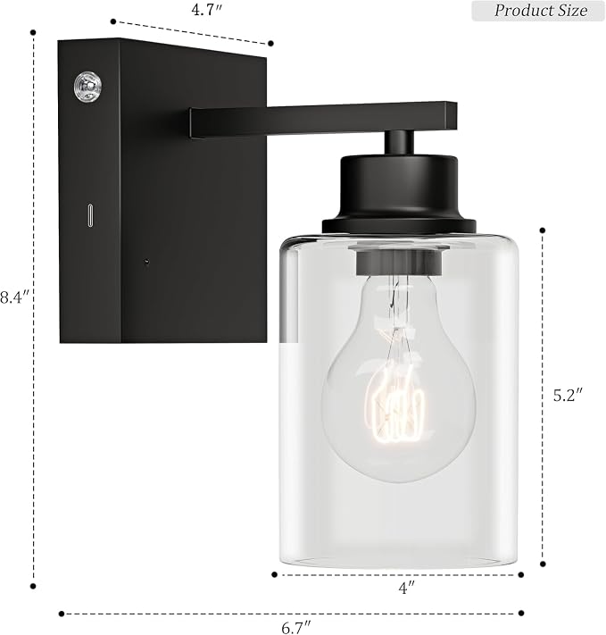 Rayogale Battery Operated Wall Sconces Set of 2 with Remote Control, Black | Dimmable Wireless Rechargeable Wall Lights with Timer, Easy Install Clear Glass Lamp for Living Room Bedroom, Emergency 3000K