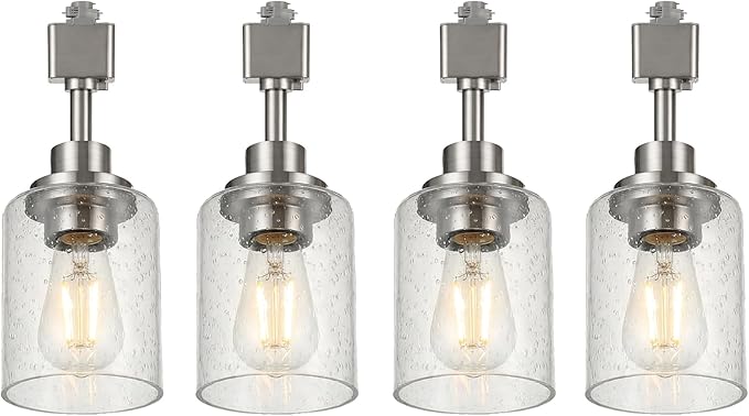 LOUSACE 4 Pack H Track Lighting Replacement Heads Brushed Nickel Ceiling Track Lighting Fixtures with Seeded Glass Shades, H Type Track Light Heads E26 Base Spotlight for Retail Shop Kitchen Bathroom