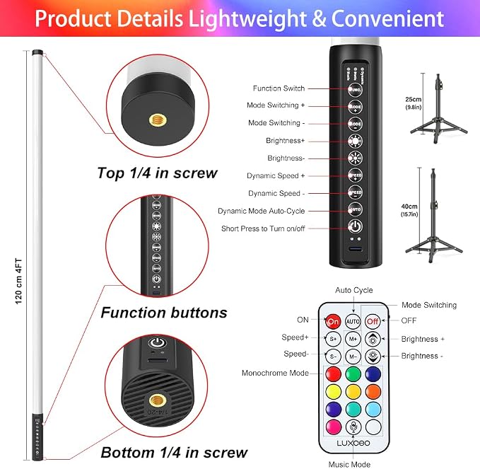 2 Pack 4ft Portable Battery Powered Tube Light 5000 mAh Handheld LED Tube Lights 120cm with Tripods, 500 Vivid Effects, for DJ Lighting, Dance, Photography, Light Painting, YouTube, Night Bar, Party