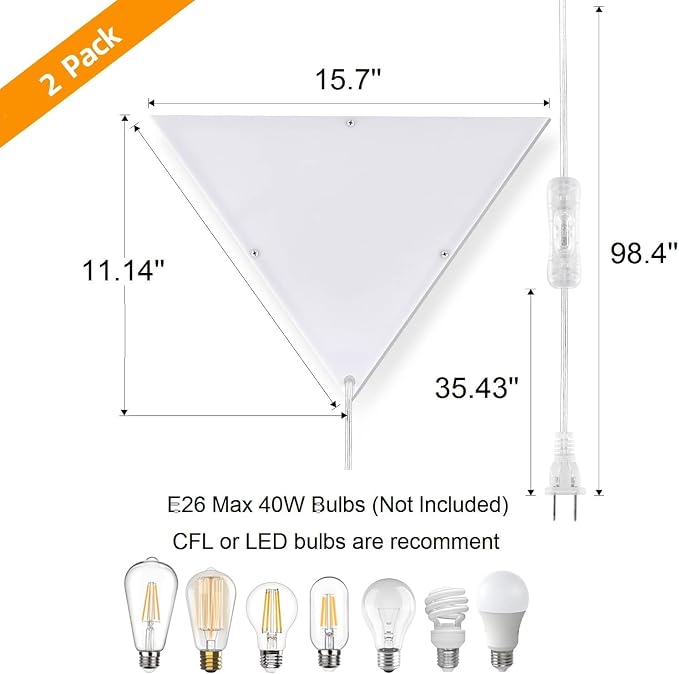 Corner Light with Switch, Triangle Corner Lamp, 2 Pack | White Acrylic Shade, Plug in Ceiling Light Safe for Kids & Pets, Ceiling Corner Lights for Living Room, Bedroom Dark Corner
