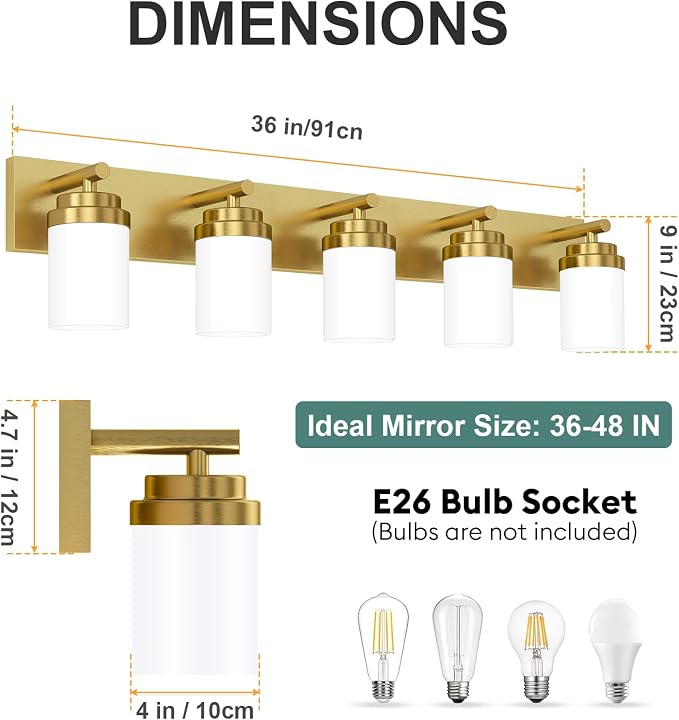 IZORRO Bathroom Vanity Light Fixture, 5-Light 36 Inch Gold Bathroom Light Fixtures Over Mirror, with White Glass Shade, Modern Farmhouse Vanity Lights, Rustic Restroom Lighting Fixtures