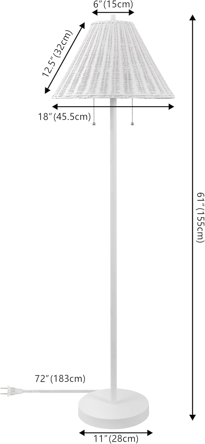 JONATHAN Y Nando 2-Light Coastal Rattan Floor Lamp 61", White | Mid-Century Modern, Standing Lamp, Metal Base, Pull-Chain Switch, Woven Coolie Shade, LED Bulbs Included