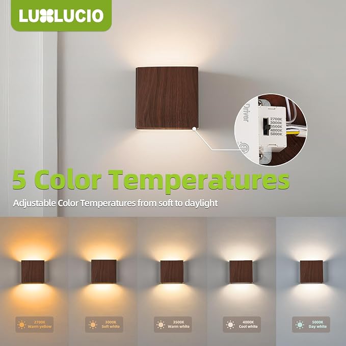2 Pack Indoor Outdoor Walnut Wood Grain Up and Down LED Wall Light, Modern Bedroom/Porch Wall Lamp, IP65 Waterproof, 5%-100% Dimmable 18W 1620lm, 5CCT (2700K-5000K), CRI 90+, 120V-277V