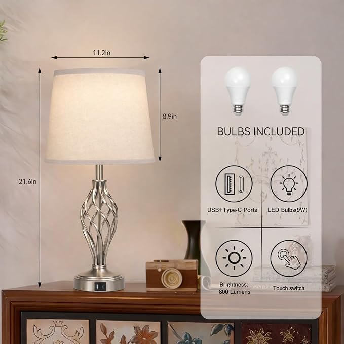 Ruiever Touch Table Lamps Set of 2, nightstand lamp with USB Ports Bedside 3 Way Touch dimmer Desk lamp for Living Room Bedroom,Nickel Plated Spiral cage Base Design Warm White dimmer Bulbs Included.