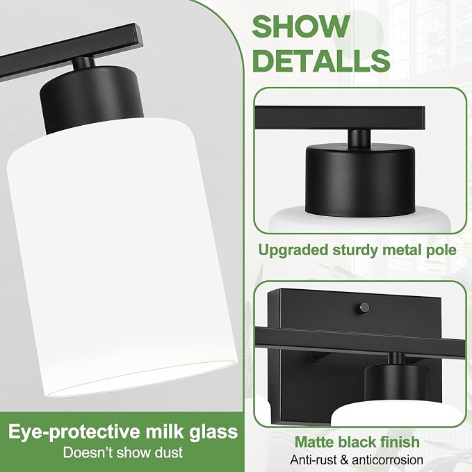 3-Light Bathroom Light Fixtures, Black Vanity Light with Milky White Frosted Glass Shades, Bathroom Wall Lamp with E26 Socket, for Mirror, Living Room, Bedroom