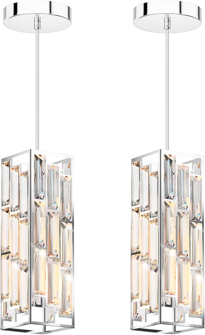 Modern 1-Light Crystal Pendant Light Kitchen Island, Chrome, 2-Pack | Mini Crystal Chandeliers, Height Adjustable Cord, Ceiling Hanging Lighting for Kitchen Island Dining Room Bedroom