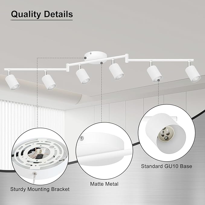 Track Lighting Kit LED, Track Lighting Fixtures Ceiling, 44.3" White 6 Light Ceiling Light for Kitchen, Flexible Spotlight with Rotatable Head, Industrial Wall Light for Hallway(GU10 Socket, NO Bulb)