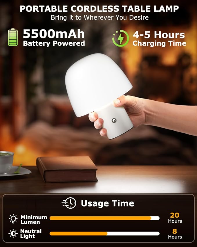 CHLORANTHUS Portable LED Table Lamp, Cordless Desk Lamp Rechargeable, 3-Color Touch Stepless Dimming Night Light for Bedroom/Children's Room/Terrace/Dining Room/Cafe (White)