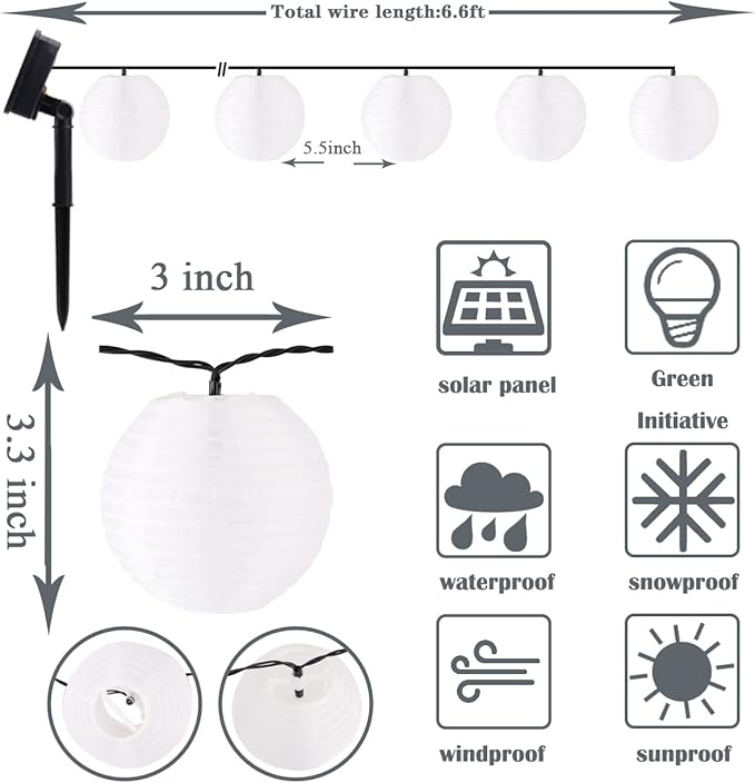 Vigdur Solar Lantern String Lights - Outdoor Paper Lantern Lights Waterproof, Outdoor Patio Light for Garden Party Camping Yard Decor, (6.6FT)