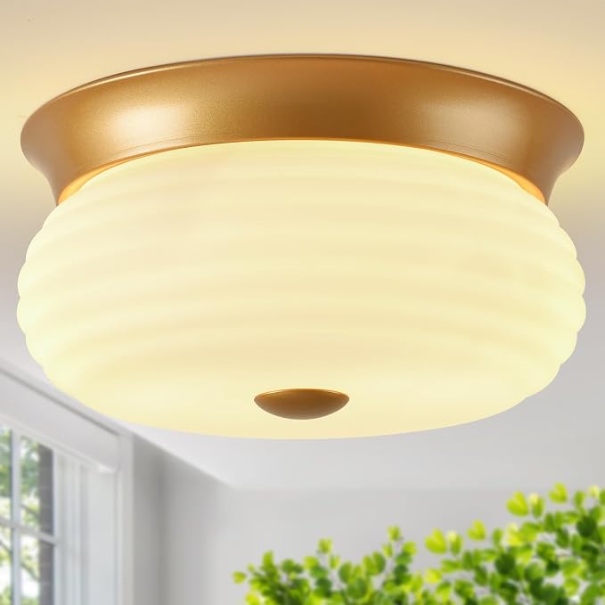 Gold Flush Mount Ceiling Light Fixtures, 2-Light Ceiling Mount for Modern with Clear Milk Glass Shade, Industrial Flush Mount Light Fixture Farmhouse for Hallway Kitchen Bedroom Entryway Foyer