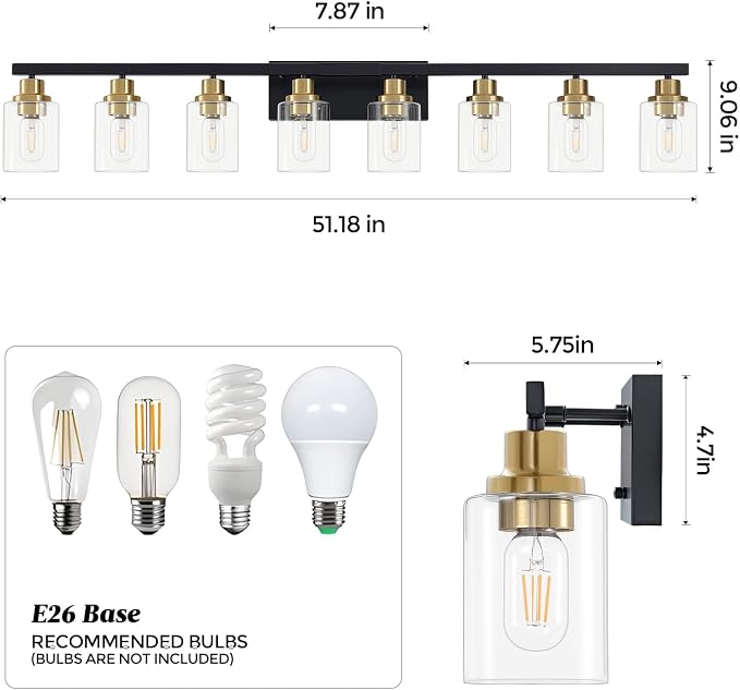 8-Light Bathroom Light Fixture Black and Gold Vanity Lights,52" | Vanity Lights for Bathroom,Clear Glass Shade,over Mirror,Modern Wall Sconces Farmhous Wall Mounted for Bathroom,E26 Base