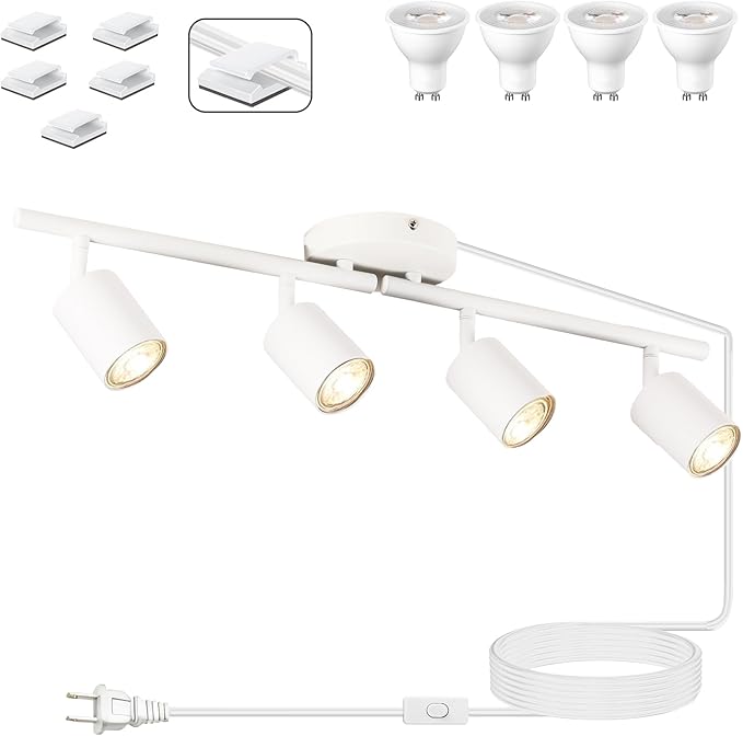 Plug in Track Lighting Kit, 80cm LED 4 Light Kitchen Track Lighting, Corded Wall Light with 16.4ft Cord, 4 Way Ceiling Spot Lighting Flexibly Rotatable Head Includes 4 x GU10 Bulb (4-White-80cm)