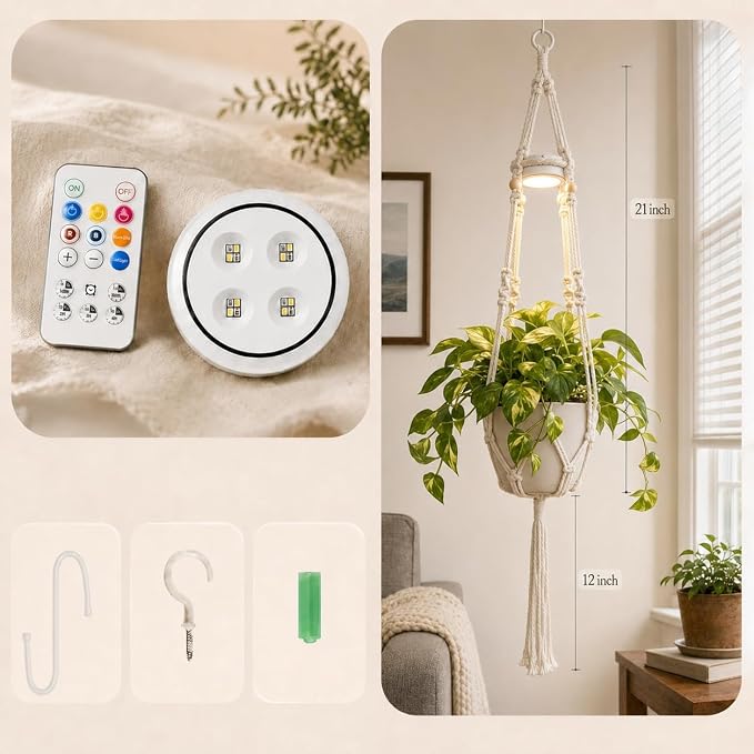 Hanging Rechargeable Plant Grow Lights for Indoor with Timer, Wireless Battery Powered Full Spectrum Pendant Growing Light with Macrame Plant Hanger, Wall/Ceiling Mounted Planta Luz for Home Decor