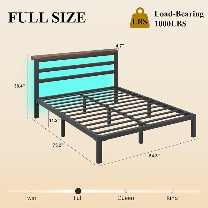 LOEWAY Full Size Metal Bed Frame with Storage Headboard & LED Lights, Black | Built-In Charging Station, Under-Bed Storage, Heavy Duty Metal Slats, No Box Spring Needed, Solid and Stable, Easy Assembly