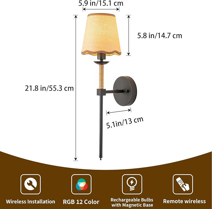 Boho Battery Operated Wall Sconce Set of 2, Black Wireless Rechargeable Wall Lights with Rattan Shade, 12 RGB and 3CCT Dimmable Cordless Wall Lamps with Remote for Bedroom Living Room