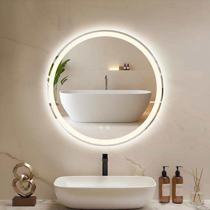 DUMOS 28 Inch Round LED Bathroom Mirror with Lights, Circle Vanity Mirror with Anti-Fog, Dimmable, 3-Color Light, Memory Function, Tempered Glass