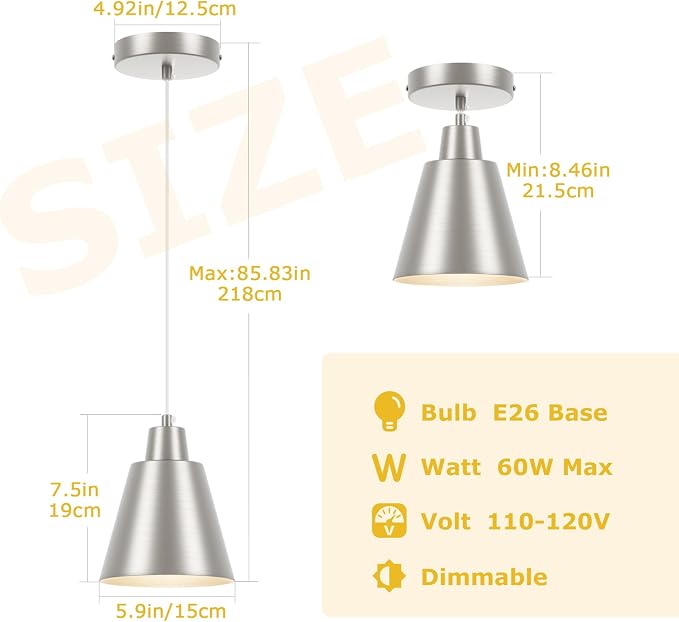Industrial Pendant Lights, Brushed Nickel Pendant Light Fixtures, Vintage Kitchen Island Lights with Metal Shade, Farmhouse Pendant Lights for Dinning Table Bedroom Bar - Nickel, 3 Packs