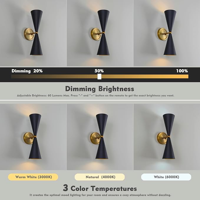 HEQIQEH Vintage Battery Operated Black and Gold Wall Sconce, Up and Down Wall Light Fixture with Remote Control Dimmable Cordless Wall Lamp for Indoor Bedroom, Living Room, Restroom Stairs(1-Pack)
