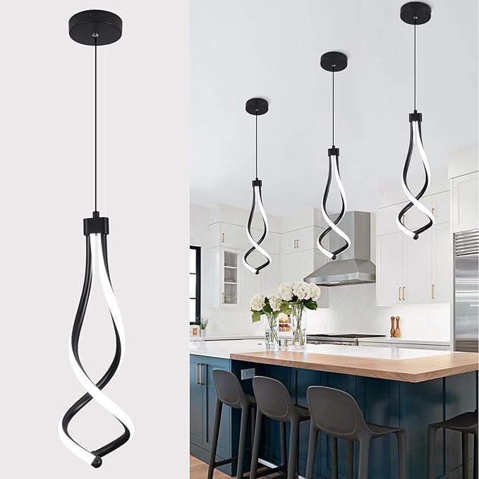 Spiral Led Pendant Lights 14W White 6000K Modern LED Pendant Light Fixture for Kitchen Island Stylish Black Chandelier for Kitchen Dining Room Bedroom Living Room Corridor Stairs