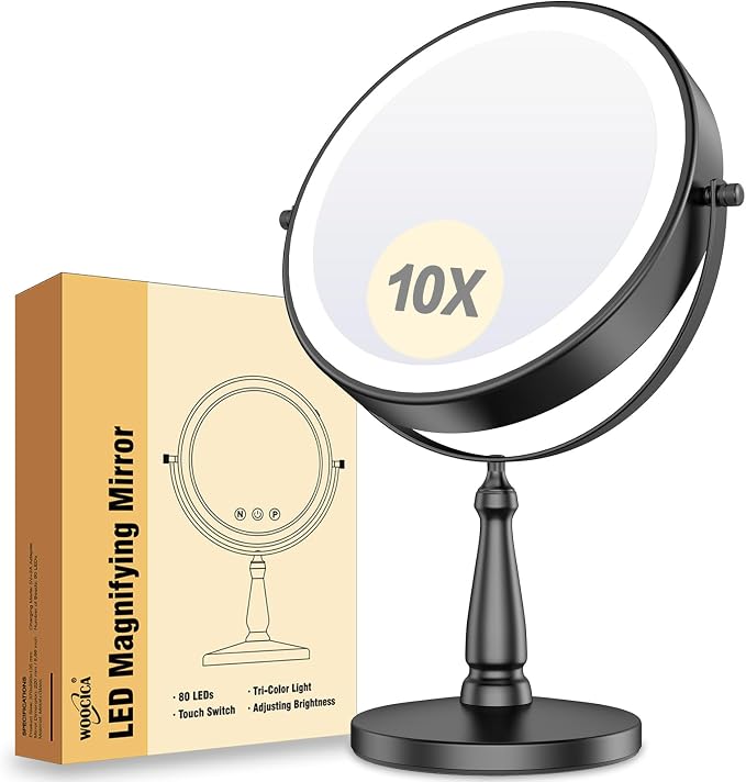 Vanity Mirror with Lights, 10X Magnifying Mirror with Light for Women, 2000 mAh Makeup Mirror with Lights and 3 Colors, 360 Degree, 2-Sided, 9 Inch, Black