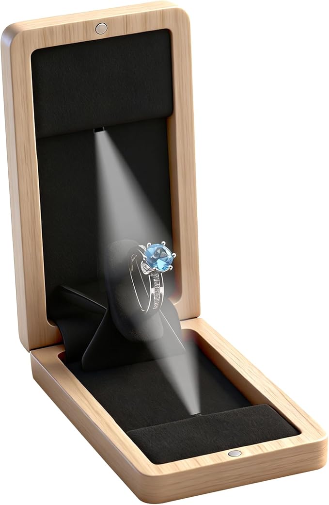 Wooden Engagement Ring Box For Proposal Jewelry Gift Box Wood Rotating Wedding Day Ring Box With Led Light Gift Packaging(Ash Wood)