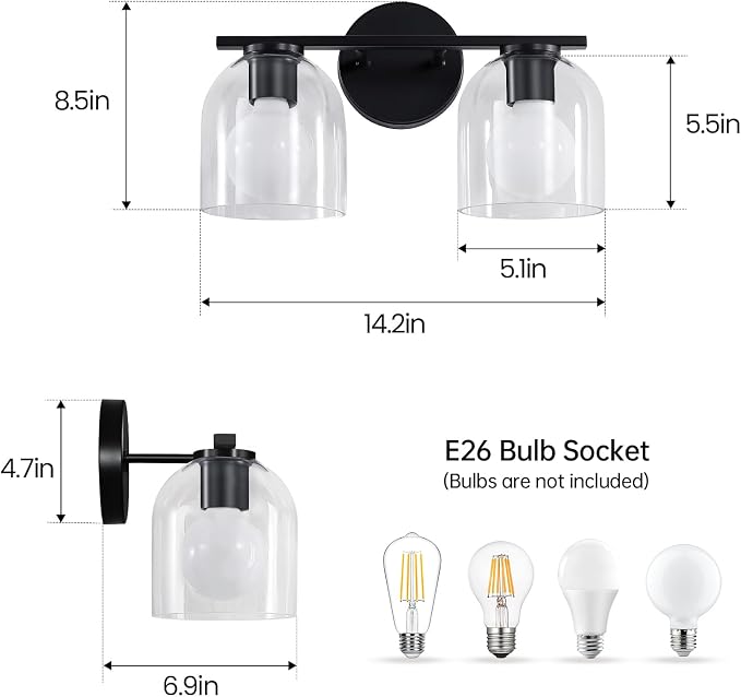 WOSHITU Bathroom Vanity Light Fixtures: 14.2 Inch Modern Black Vanity Lighting Fixtures Over Mirror with Clear Glass Shade, Matte Black 2 Light Fixtures for Bathroom Above Mirror, Wall Mount Sconces