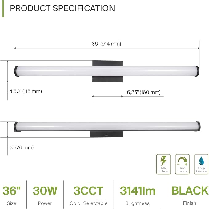 ASD 36" LED Linear Vanity Light Fixture, Modern Bathroom Sconce — 3 Color 3000K-5000K, Dimmable, 30W 2100LM, Energy Star & ETL Listed — Over Mirror Makeup Slim Bar for Bedroom, Cabinets — Black