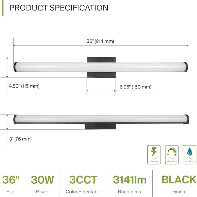 ASD 36" LED Linear Vanity Light Fixture, Modern Bathroom Sconce — 3 Color 3000K-5000K, Dimmable, 30W 2100LM, Energy Star & ETL Listed — Over Mirror Makeup Bar for Bedroom, Cabinets — Black, 4 Pack