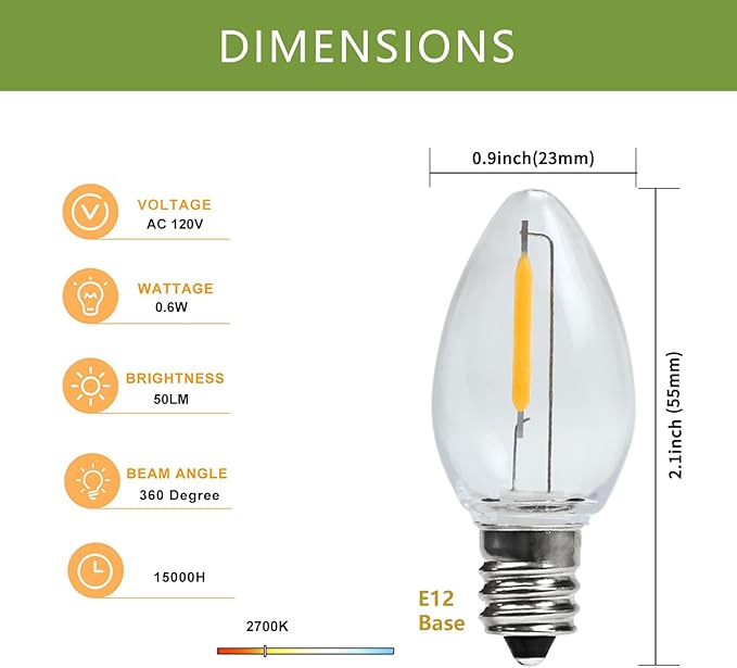 Accessory Cord with 3 LED Night Light Bulbs - White Cord with On/Off Switch- C7 led Bulb Warm White 2700K with Spare Fuse for Holiday Decoration and Craft Village House Decoration