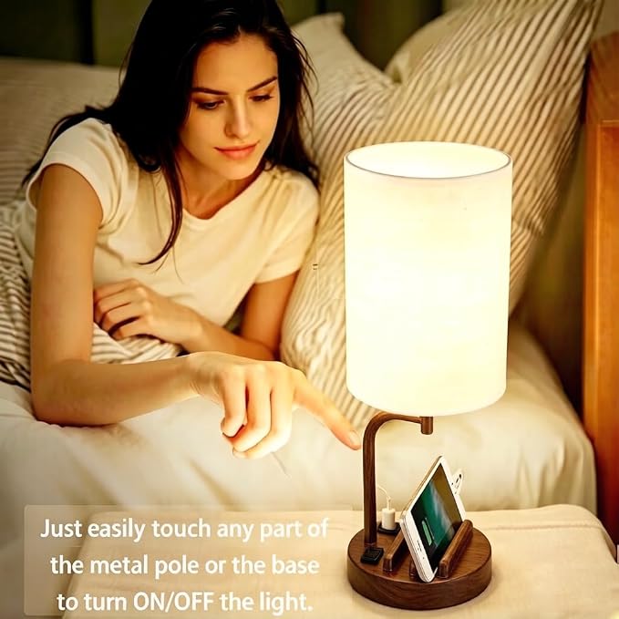 Dreamholder Touch Control USB Table Lamp with USB C/A & AC Outlet, 3-Way Dimmable Bedside Lamp, Modern Nightstand Lamps for Bedroom Living Room Guest Room Office, Bulb Included, Walnut