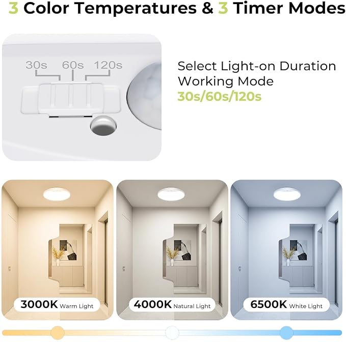 hepside 4 Pack Motion Sensor Ceiling Light Wired, 3000K/4000K/6500K LED Flush Mount Ceiling Light Fixture, 7Inch 15W Motion Sensor Light Indoor with Timer for Closet Stair Porch Hallway Pantry,White