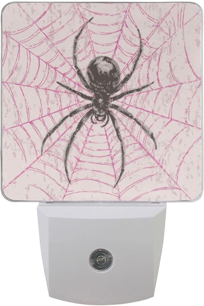 Black Spider on Pink Web Night Light Dusk to Dawn Sensor LED Night Dimmable Nightlight Lights Plug into Wall for Living Room