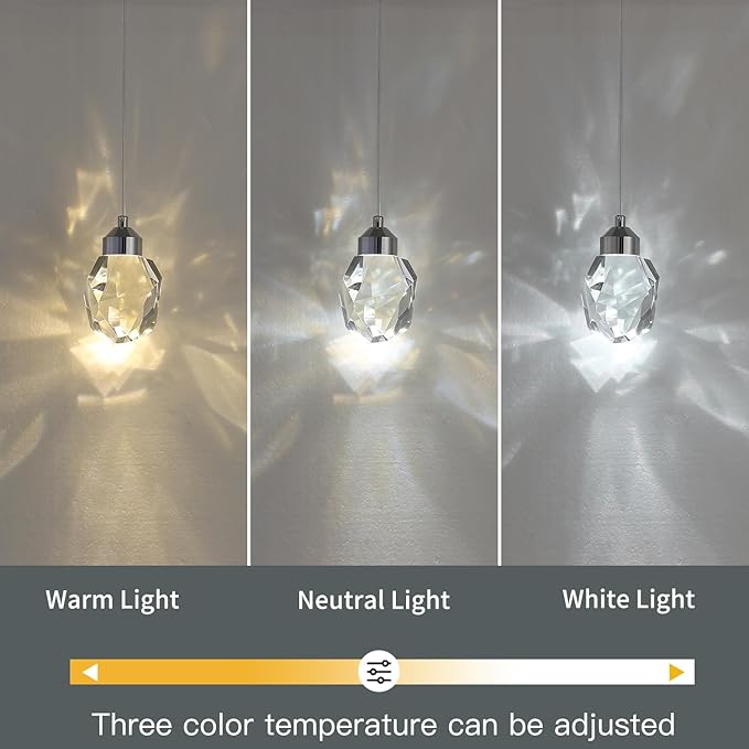 Modern Crystal Pendant Light, 3-Color LED Crystal Pendant Light, Adjustable Height Silver Ceiling Hanging Pendant Lamp, for Bedroom Dining Room Kitchen Island Decor Lighting (Silver)