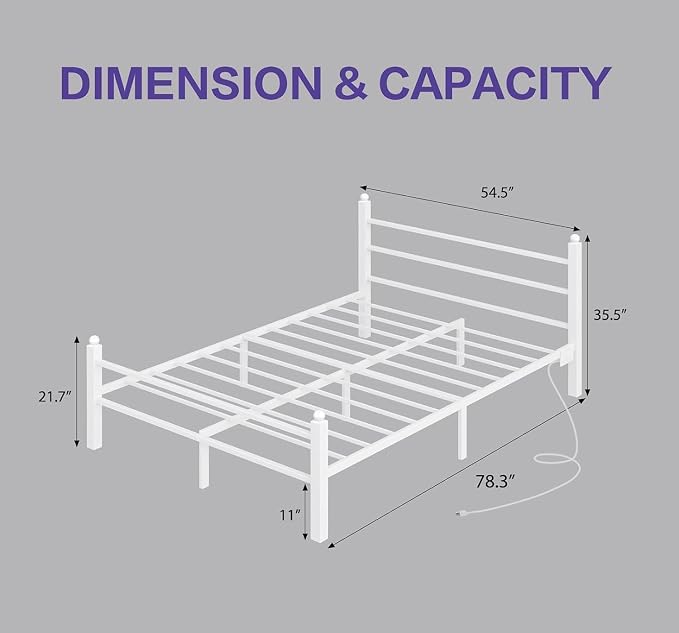 CollaredEagle Full Bed Frame with LED Lights and Charging Station, White | Full Size/ Metal Frame/ Built-in Charging Station/ RGB LED Lights/ Noise-Free/ 10.8 inch Under-Bed Storage