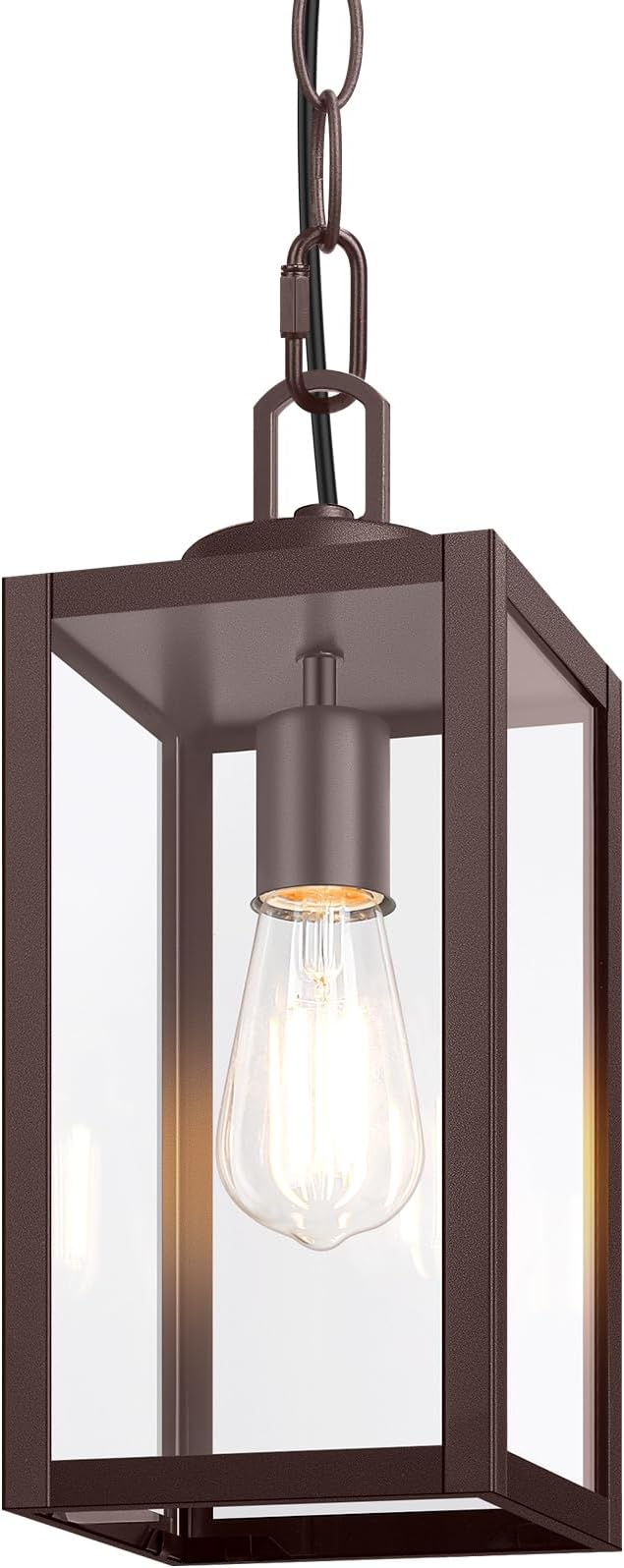 Outdoor Pendant Light, Modern Hanging Lantern for Porch, Brown | Hanging Height Adjustable, Waterproof, Rust-Resistant, Durable Metal & Clear Glass, Standard E26 Sockets, Easy to Install