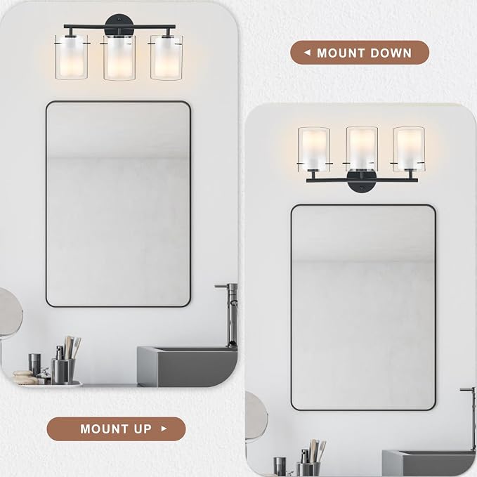 Matte Black Bathroom Light Fixtures Over Mirror with Dual Glass Shades, Modern 3-Light Vanity Lights, 20in Vanity Light Fixtures Above Mirror, Vanity Lights for Bathroom