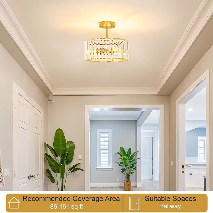 Lxybcce Modern Crystal Ceiling Light, Brushed Gold Semi Flush Mount Ceiling Lighting Fixture, Brass Hallway Light Fixtures Chandelier for Kitchen, Bedroom Dining Room Hallway Closet, 3-Light, 12 Inch