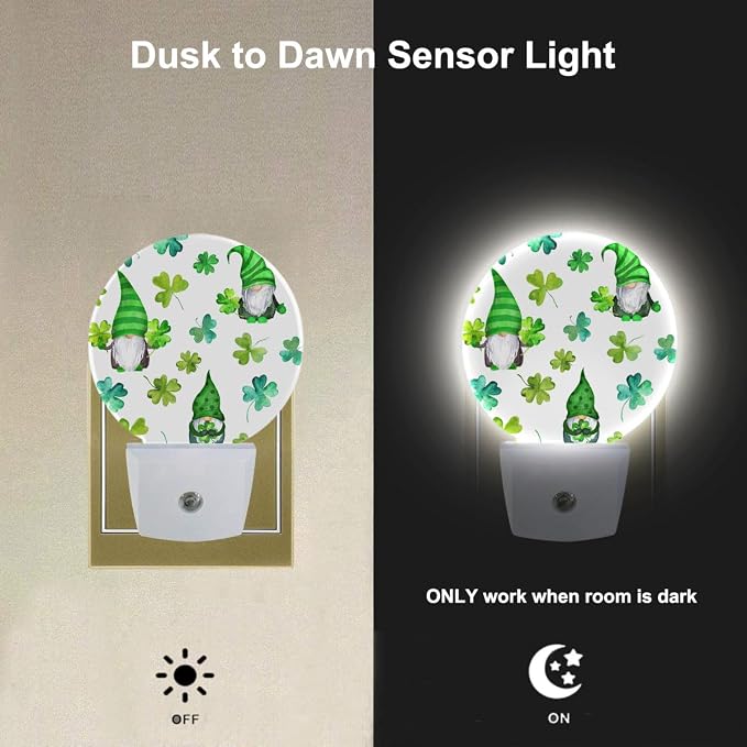 EKOBLA St. Patrick's Day Gnome Night Light, Green Shamrock Clover Night Lights Plug Into Wall with Auto Sensor for All Ages