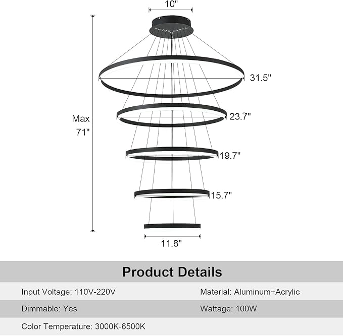 5-Rings Modern LED Chandelier Black Dimmable High Ceiling Chandelier for Dining Room with Remote Control for Foyer Living Room Entryway Staircase(D31.5’’, 3000K-6500K)