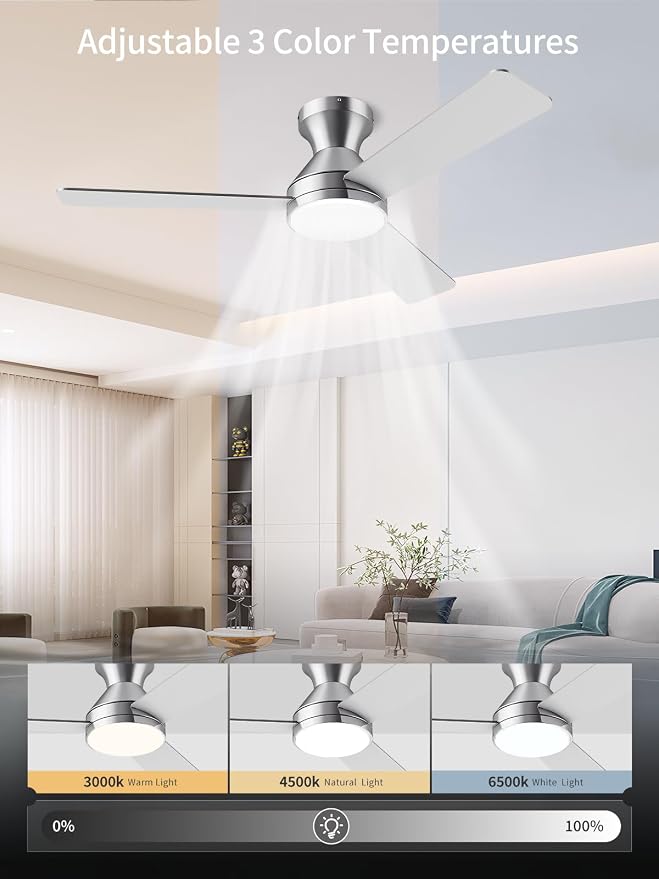 LANMEL Metal Ceiling Fan with Lights and Remote, 42 Inch, Silver | Modern Low Profile Flush Mount, Reversible, 3CCT Dimmable, Quiet, LED, For Bedroom, Living Room, Indoor/Outdoor Patio Use