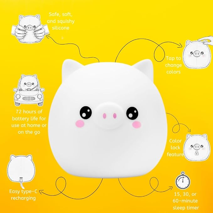 Pig Night Light with Remote, Squishy Silicone Lamp for Kids | Tap Control | Rechargeable 9-Color Changing Soft Glow | Nursery Nightlight for Kids | Portable Animal Nightlight | USB Cord
