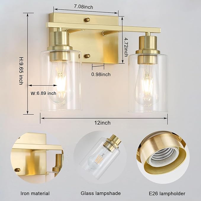 2-Lights Gold Bathroom Light Fixture, Brushed Brass Vanity Light with Clear Glass Shade, Modern Bath Wall Lights for Living Room, Hallway, Bedroom